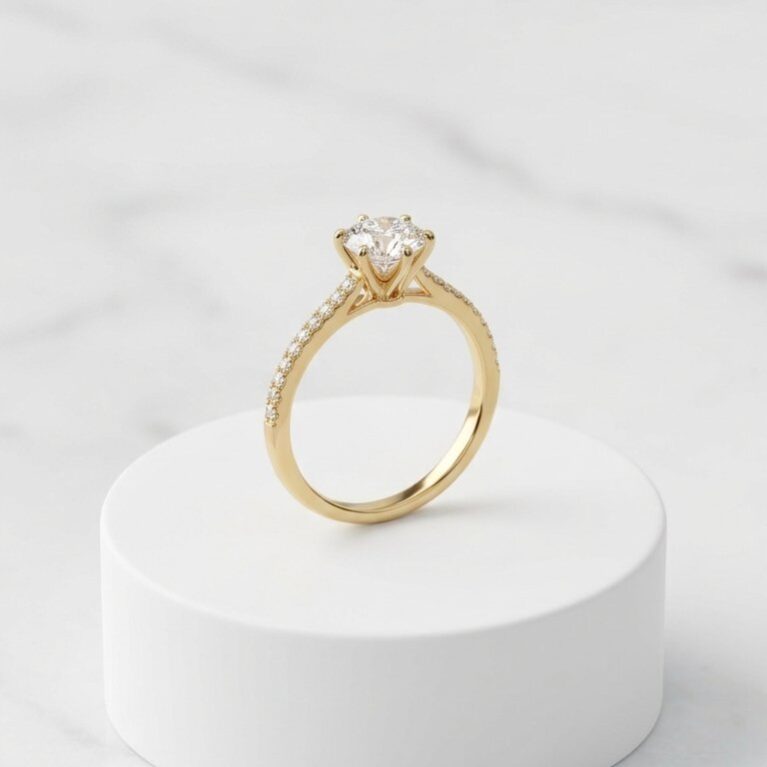 Gold Solitaire Pave Ring